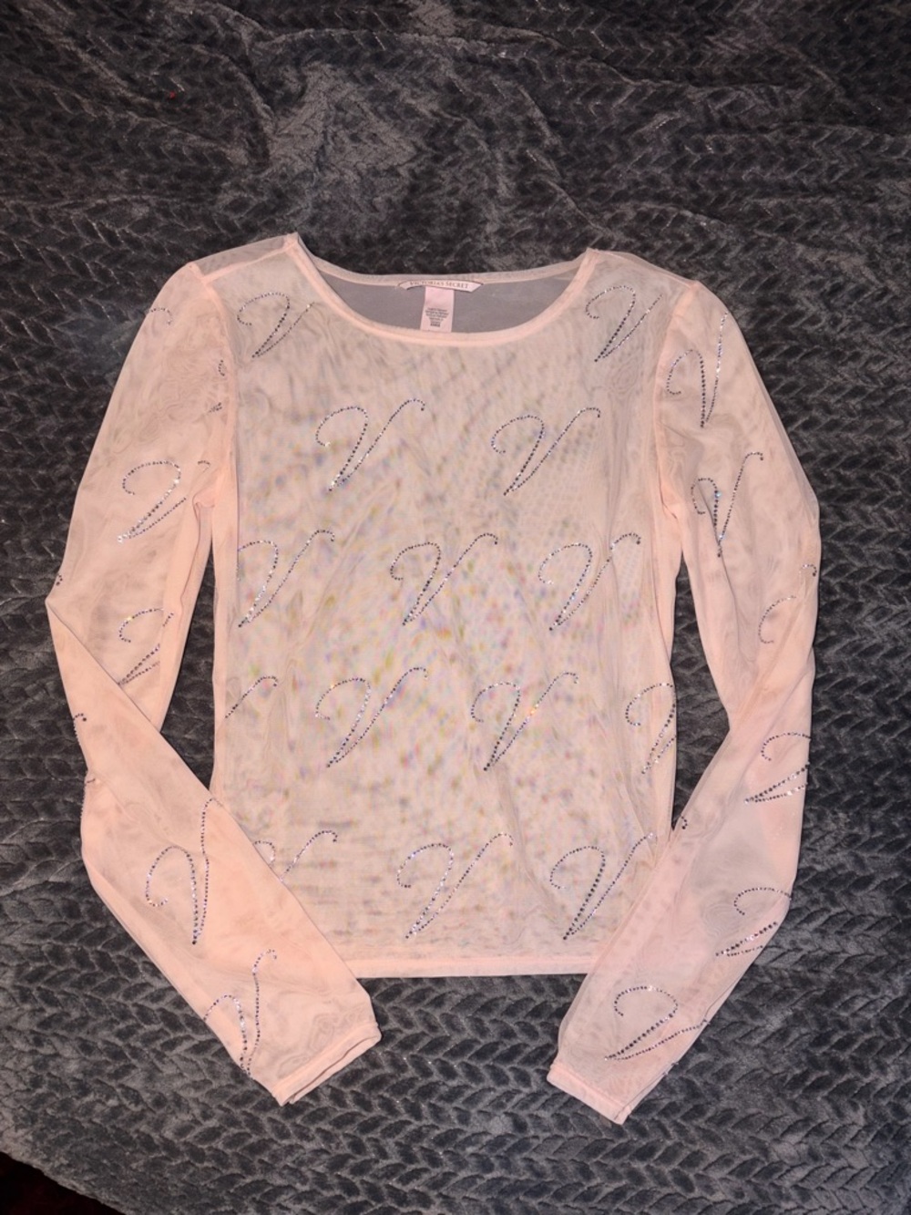 Victoria's Secret Sheer Pink Long-Sleeve Top with Crystal V Motif